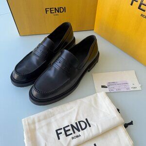 FENDI 7D1616 Frame FF Black Leather Logo Loafers Size UK 10 - US 11 - EU 44